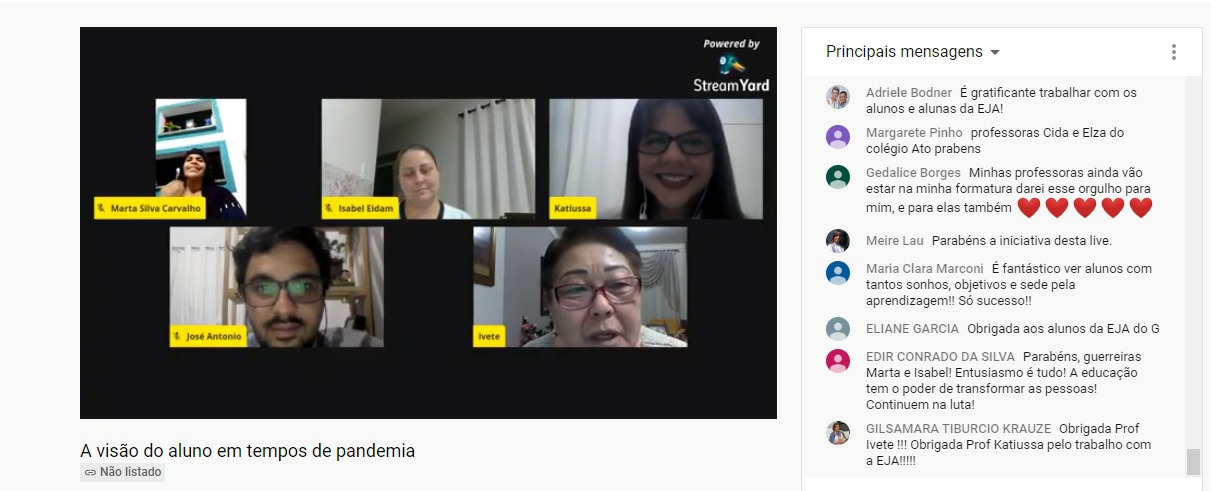 No dia 05/08/2020, aconteceu o papo on-line: “A visão do aluno em tempos de pandemia”, com o Coordenador do setor de Educação Básica, Professor José Antonio Gonçalves Caetano, duas estudantes de EJA: Marta da Silva Carvalho, representante do CEEBJA Campo Mourão e Isabel Eidam do CEEBJA Emanuel, município de Campina da Lagoa e a mediadora a Técnica da EJA, Professora Katiussa Michele Canola, ambos do NRE de Campo Mourão.