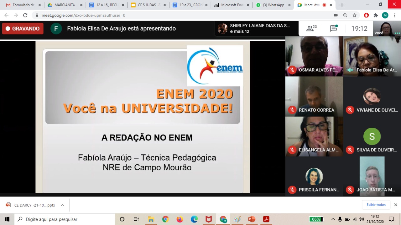 O Setor de Educação Básica do NRE de Campo Mourão, por meio da técnica de Língua Portuguesa Fabíola Araújo, promoveu aulões, entre os meses de outubro e novembro, preparatórios para o ENEM/2020. Através de reuniões online, via Google meet, tanto alunos quanto professores ouviram explanações sobre a Prova de Redação no ENEM, bem como as peculiaridades que envolvem essa importante avaliação escrita.