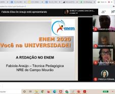          O Setor de Educação Básica do NRE de Campo Mourão, por meio da técnica de Língua Portuguesa Fabíola Araújo, promoveu aulões, entre os meses de outubro e novembro, preparatórios para o ENEM/2020. Através de reuniões online, via Google meet, tanto alunos quanto professores ouviram explanações sobre a Prova de Redação no ENEM, bem como as peculiaridades que envolvem essa importante avaliação escrita. 