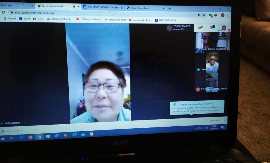 NRE DE CAMPO MOURÃO REALIZA REUNIÃO EQUIPE GESTORA DAS ESCOLAS A chefe do NRE, professora Ivete Sakuno e sua equipe vem realizando reuniões via aplicativo para orientações e amplo diálogo sobre o processo das aulas não presenciais que iniciaram em 06 de abril.