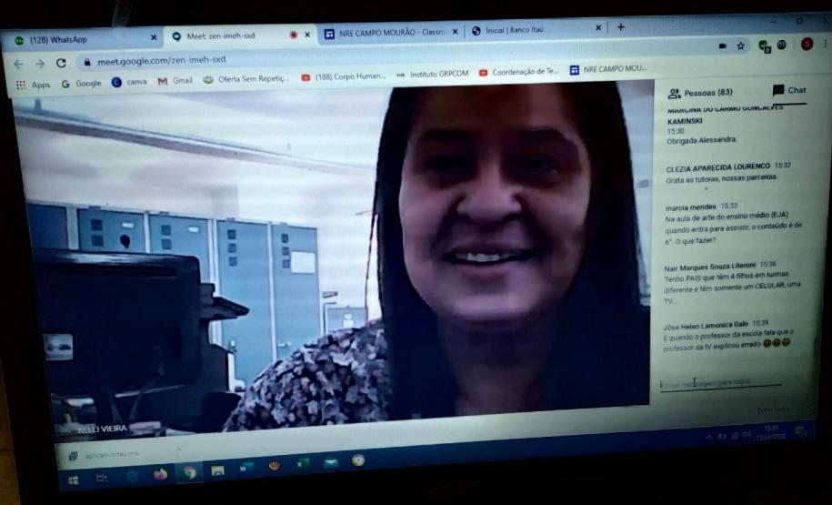 NRE DE CAMPO MOURÃO REALIZA REUNIÃO EQUIPE GESTORA DAS ESCOLAS A chefe do NRE, professora Ivete Sakuno e sua equipe vem realizando reuniões via aplicativo para orientações e amplo diálogo sobre o processo das aulas não presenciais que iniciaram em 06 de abril.