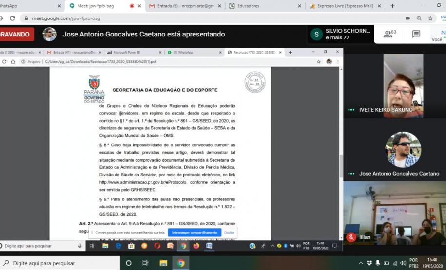 ENCONTRO DE FORMAÇÃO ONLINE NRE CAMPO MOURÃO COM ESCOLAS O NRE de Campo Mourão vem realizando momentos de formação, reuniões de trabalho e orientadoras, mantendo diálogo contínuo com os estabelecimentos de ensino para a realização das ações no aspecto pedagógico e administrativo para funcionamento da rotina escolar.