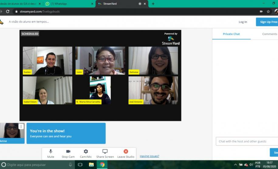 PAPO ON-LINE COM OS ESTUDANTES DE EDUCAÇÃO DE JOVENS E ADULTOS DO NÚCLEO REGIONAL DE CAMPO MOU No dia 05/08/2020, aconteceu o papo on-line: “A visão do aluno em tempos de pandemia”, com o Coordenador do setor de Educação Básica, Professor José Antonio Gonçalves Caetano, duas estudantes de EJA: Marta da Silva Carvalho, representante do CEEBJA Campo Mourão e Isabel Eidam do CEEBJA Emanuel, município de Campina da Lagoa e a mediadora a Técnica da EJA, Professora Katiussa Michele Canola, ambos do NRE de Campo Mourão.