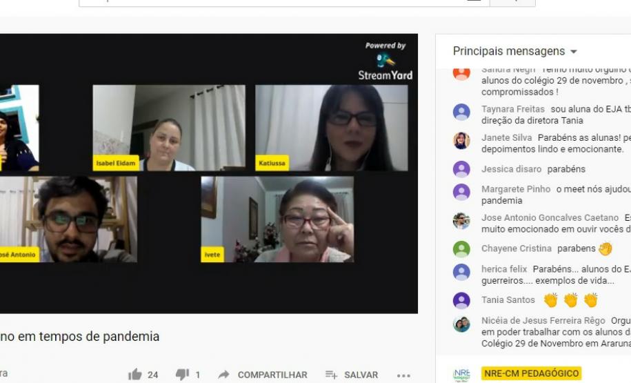 PAPO ON-LINE COM OS ESTUDANTES DE EDUCAÇÃO DE JOVENS E ADULTOS DO NÚCLEO REGIONAL DE CAMPO MOU No dia 05/08/2020, aconteceu o papo on-line: “A visão do aluno em tempos de pandemia”, com o Coordenador do setor de Educação Básica, Professor José Antonio Gonçalves Caetano, duas estudantes de EJA: Marta da Silva Carvalho, representante do CEEBJA Campo Mourão e Isabel Eidam do CEEBJA Emanuel, município de Campina da Lagoa e a mediadora a Técnica da EJA, Professora Katiussa Michele Canola, ambos do NRE de Campo Mourão.