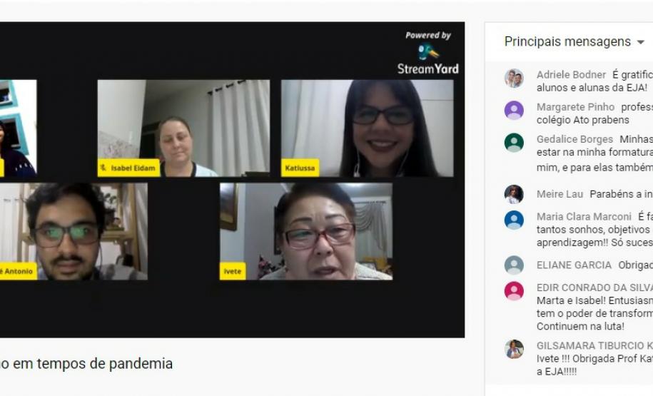 PAPO ON-LINE COM OS ESTUDANTES DE EDUCAÇÃO DE JOVENS E ADULTOS DO NÚCLEO REGIONAL DE CAMPO MOU No dia 05/08/2020, aconteceu o papo on-line: “A visão do aluno em tempos de pandemia”, com o Coordenador do setor de Educação Básica, Professor José Antonio Gonçalves Caetano, duas estudantes de EJA: Marta da Silva Carvalho, representante do CEEBJA Campo Mourão e Isabel Eidam do CEEBJA Emanuel, município de Campina da Lagoa e a mediadora a Técnica da EJA, Professora Katiussa Michele Canola, ambos do NRE de Campo Mourão.