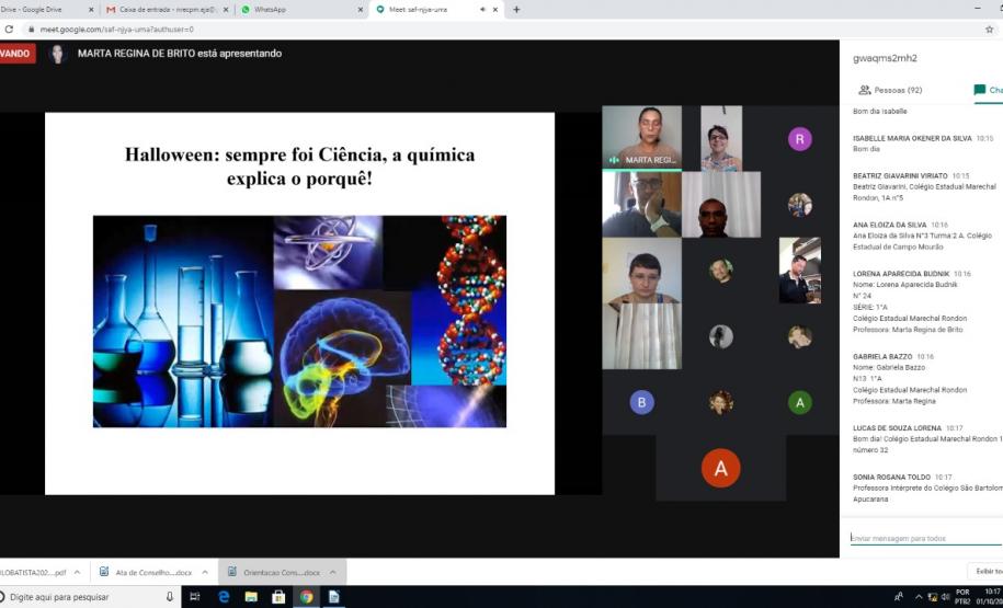 A professora Marta Regina de Brito da disciplina de Química, do Colégio Estadual de Campo Mourão, realizou durante esse mês de outubro duas Lives por meio do Google meet, com o tema Halloween: sempre foi Ciência, a Química explica o porquê! Aberta a todos os alunos(as) e demais interessados das demais instituições do NRE de Campo Mourão