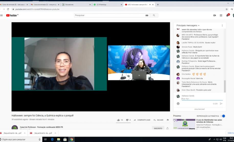 A professora Marta Regina de Brito da disciplina de Química, do Colégio Estadual de Campo Mourão, realizou durante esse mês de outubro duas Lives por meio do Google meet, com o tema Halloween: sempre foi Ciência, a Química explica o porquê! Aberta a todos os alunos(as) e demais interessados das demais instituições do NRE de Campo Mourão